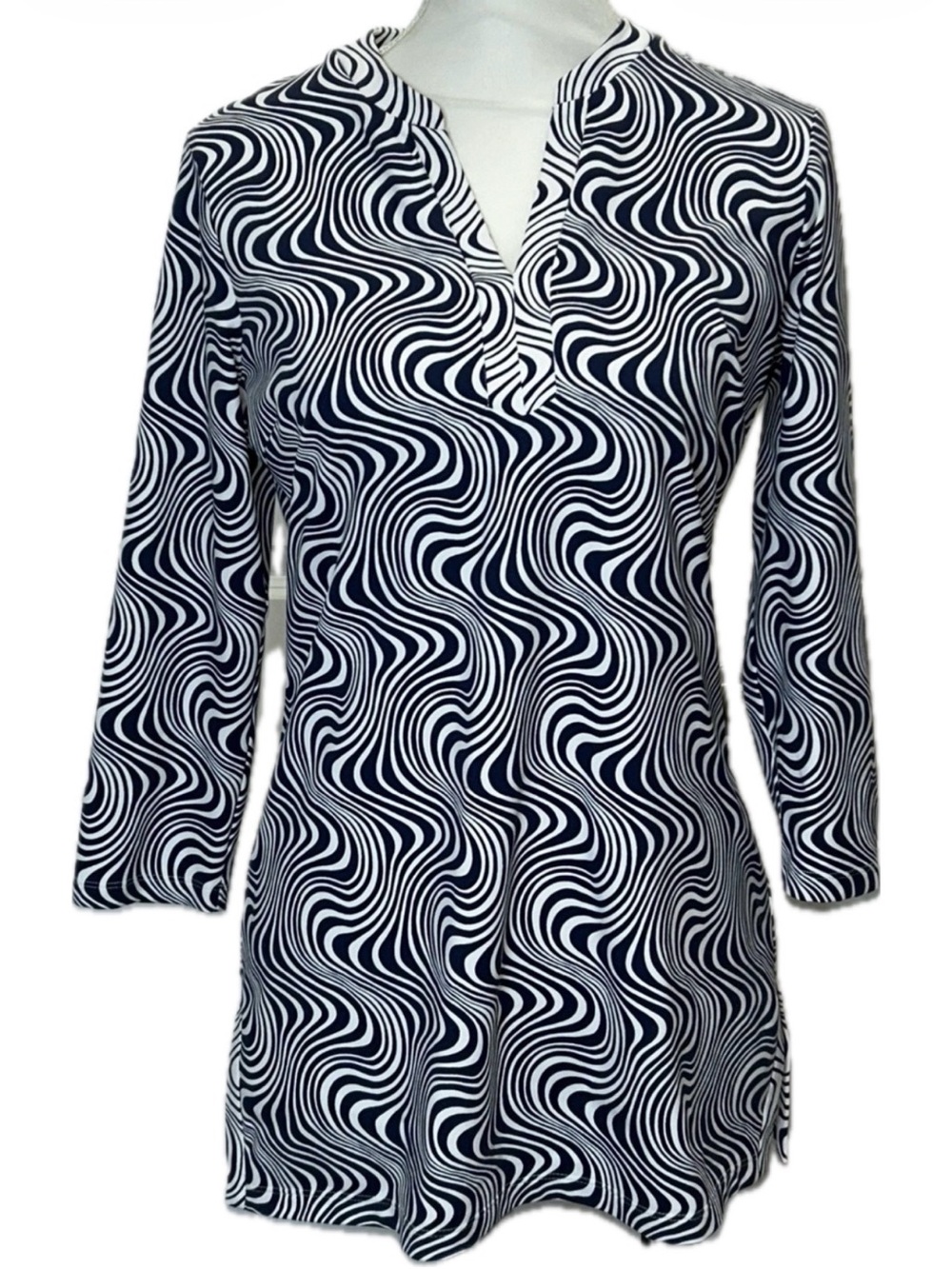 J. McLaughlin Boca Navy White Geometric Swirl Catalina Cloth Tunic Top S